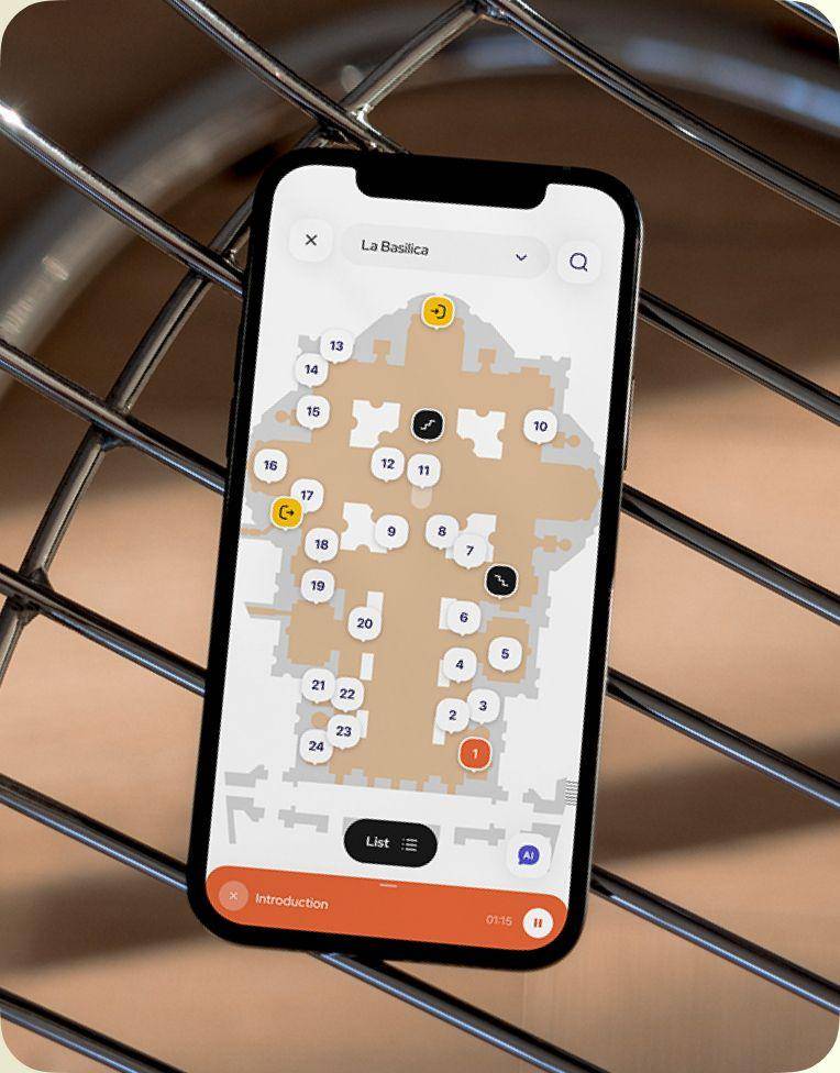 Smartphone showing an indoor floor plan with points of interest in POPGuide