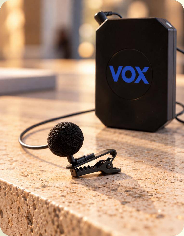 Vox clip-on microphone next to a Vox transmitter
