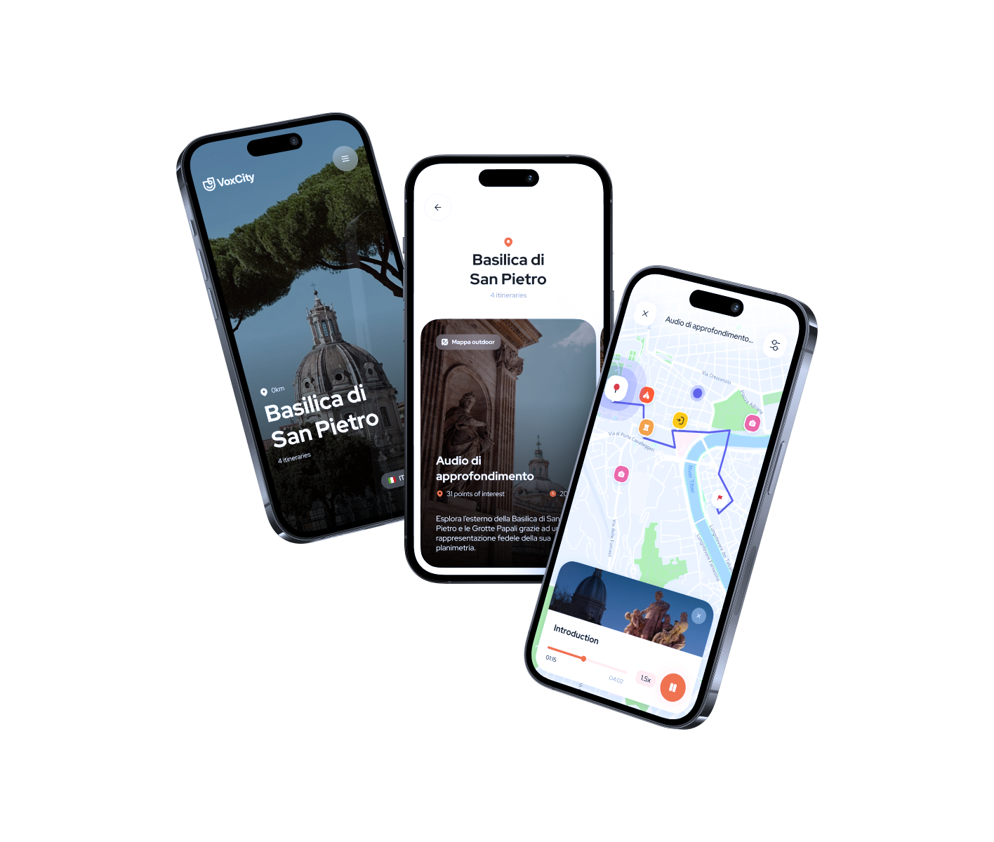 Three smartphones showing the POPGuide app: a tour cover, an audio stop and a map