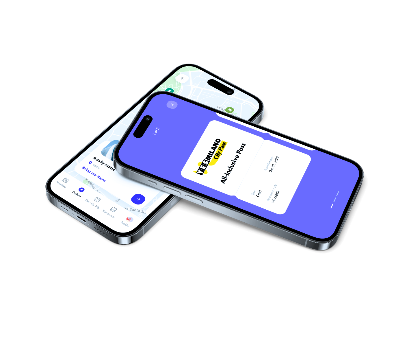 Two smartphones showing a Destination Pass and its city map