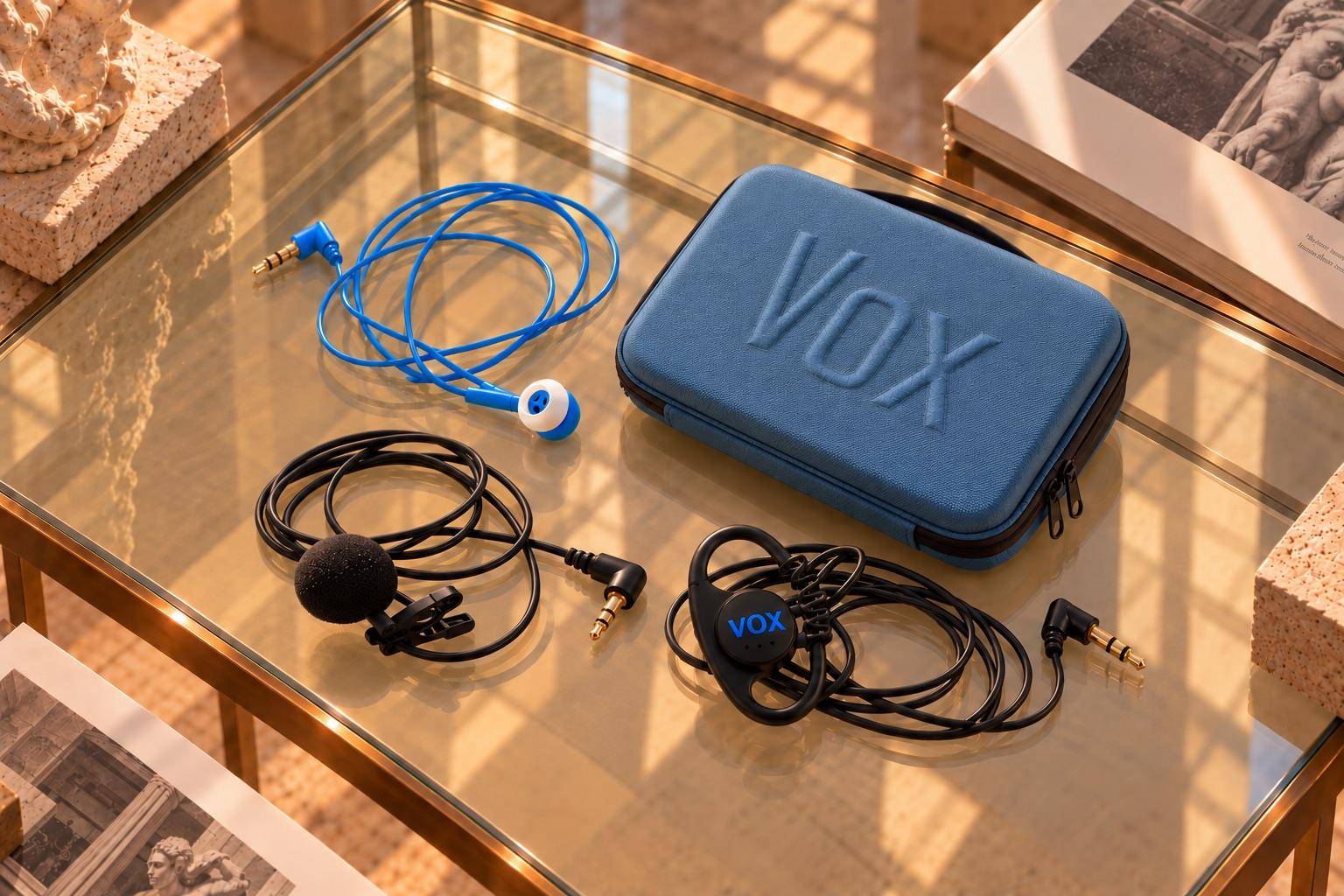 Blue Vox case with blue earbuds, a clip-on microphone and an over-ear earphone laid out on a glass table