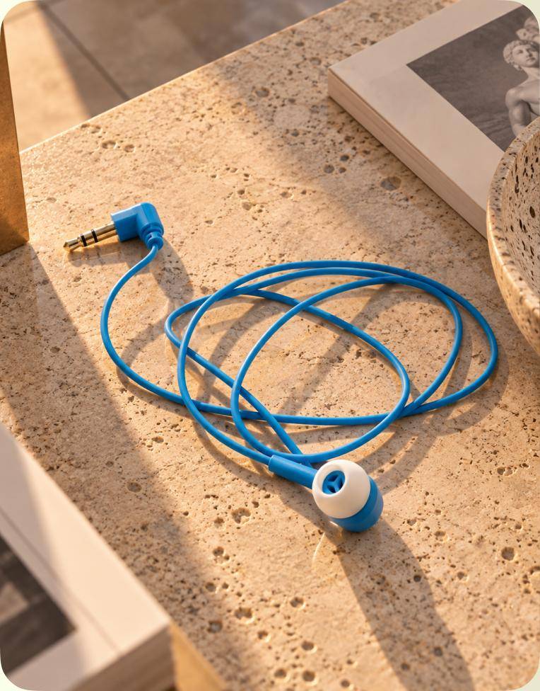 Blue Vox earbuds resting on a stone ledge